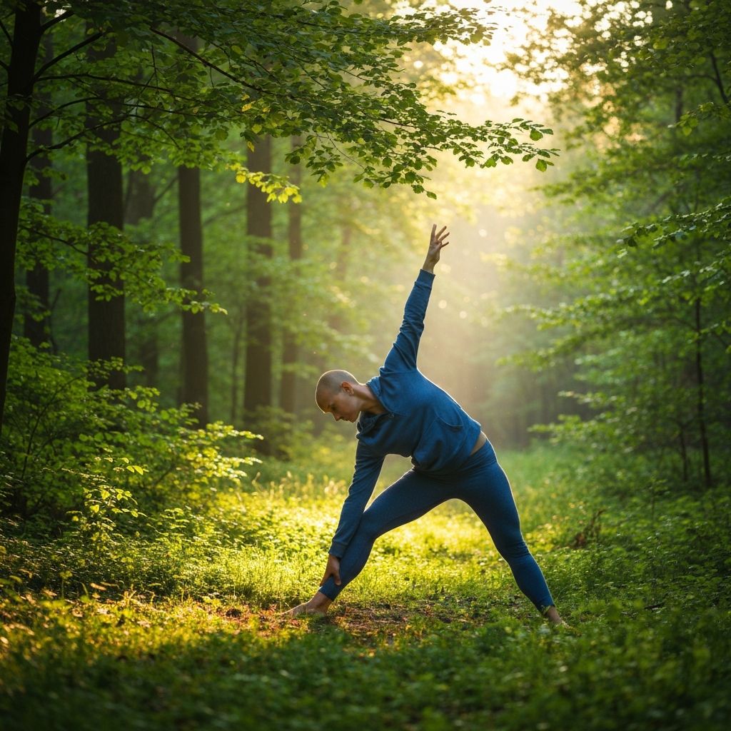 Persona estirándose pacíficamente en bosque natural al amanecer con luz suave