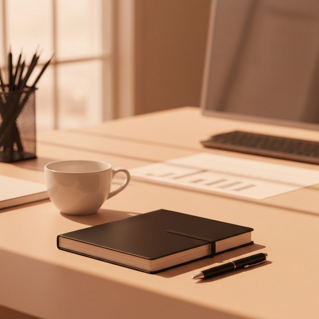 Escritorio minimalista institucional con libreta, bolígrafo y taza de café en luz natural