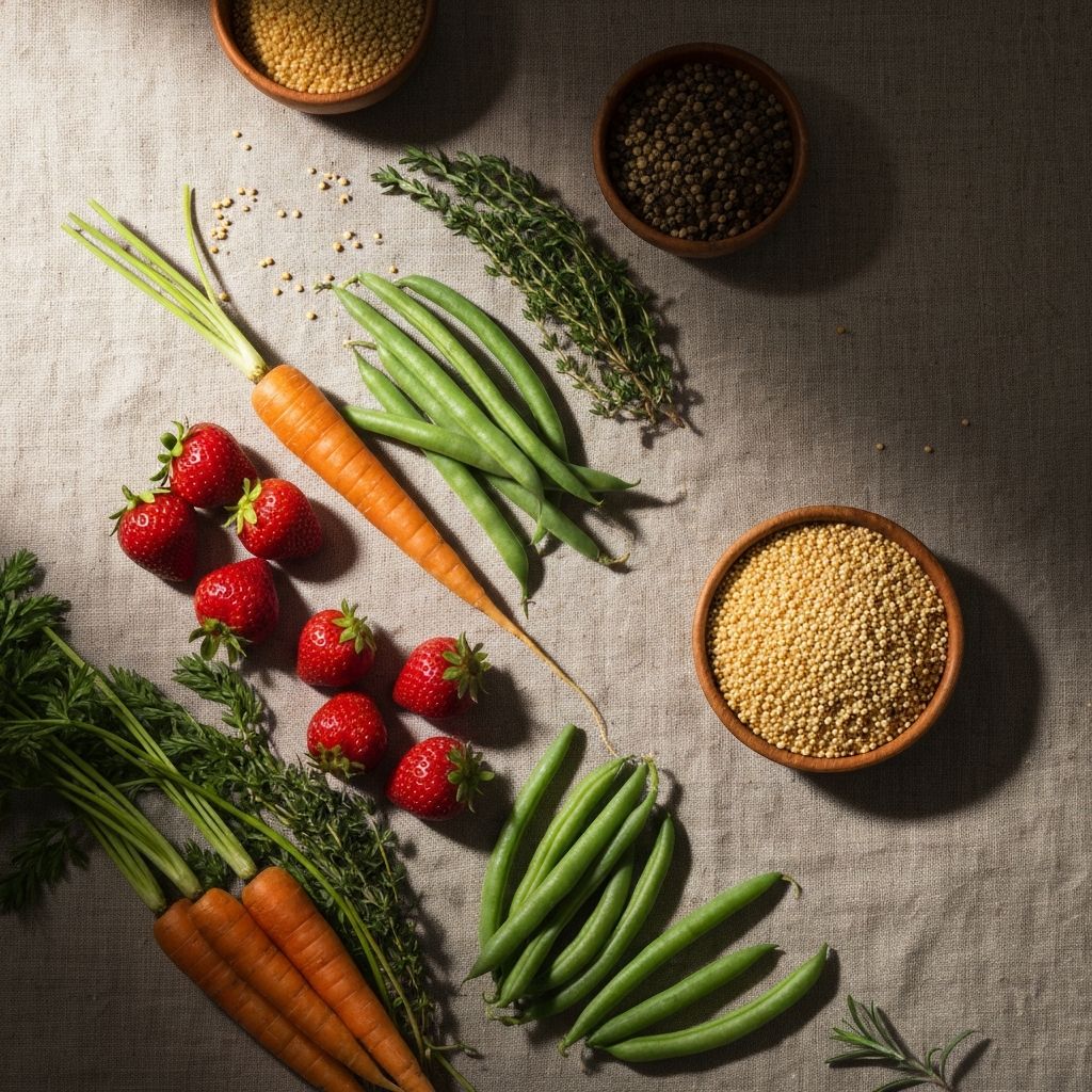 Arreglo artístico de ingredientes saludables incluyendo vegetales frescos, frutas y granos