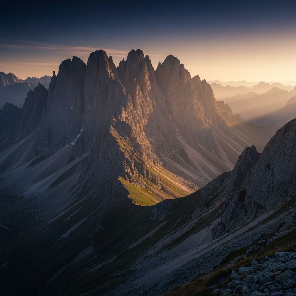 Paisaje de montañas majestuosas al atardecer con iluminación cálida