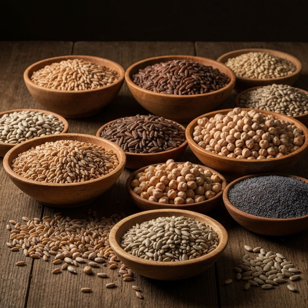 Arreglo artístico de granos integrales, legumbres y semillas en recipientes naturales